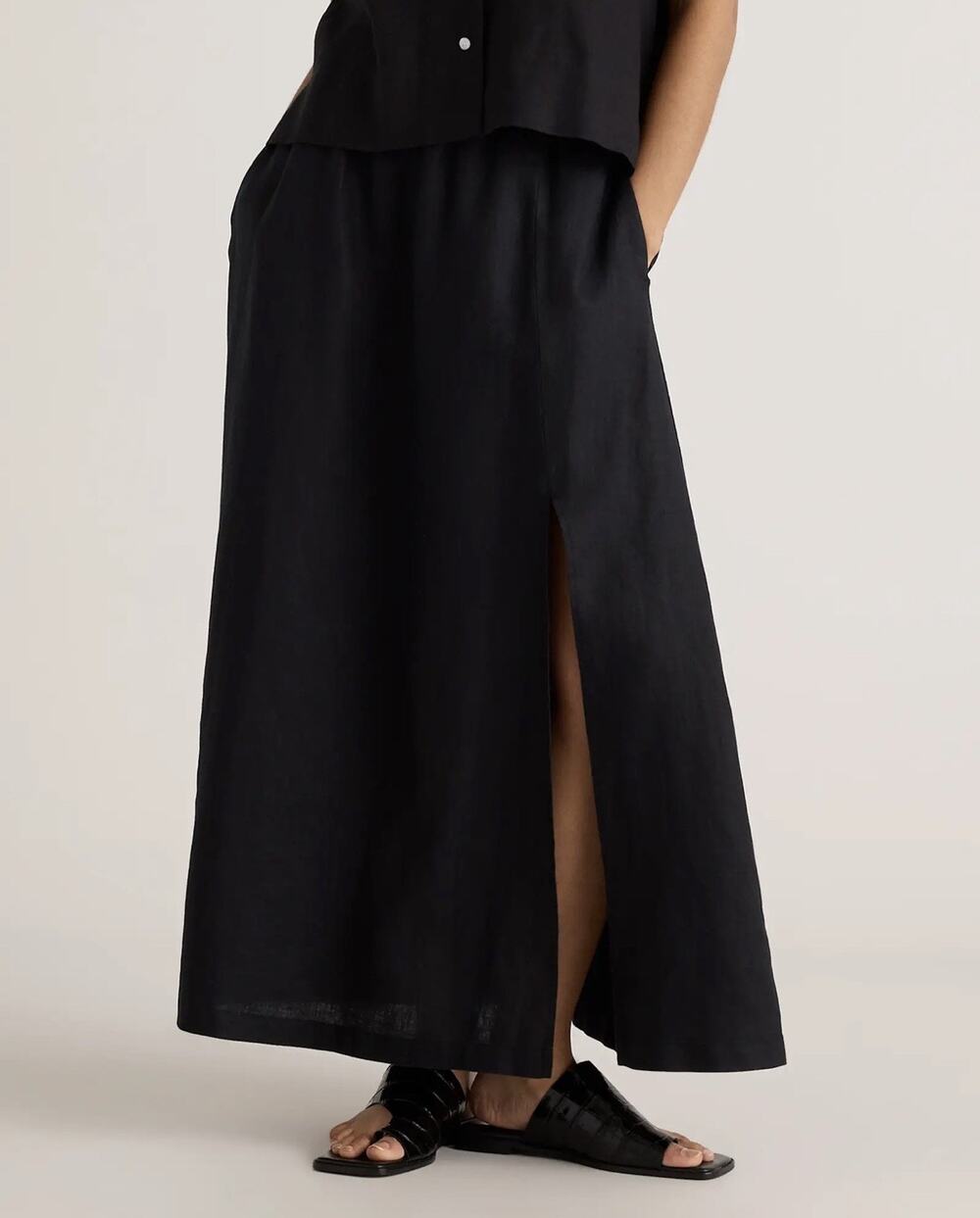 Quince 100% European Linen Maxi Skirt L Black Elastic Waist Pockets Side Slit